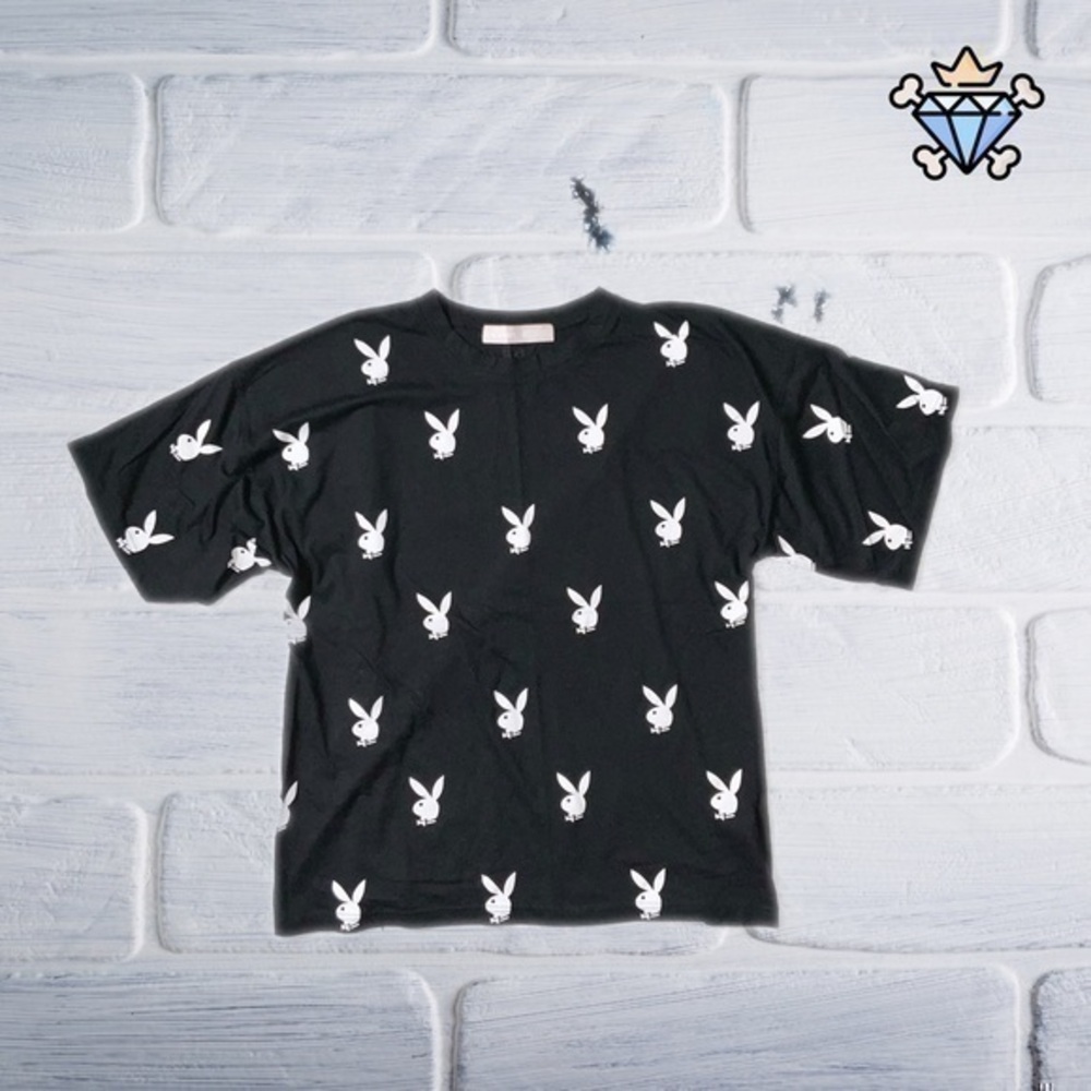 PLAYBOY X MISSGUIDED OVERSIZED FIT DROP SHOULDER TEE ALLOVER LOGO PRINT SIZE 12
